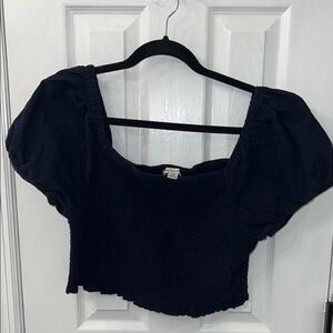 Navy Blue Puff Sleeve Crop Blouse